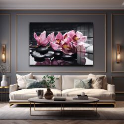 Zen Bahçesi: Pembe Orkide ve Spa Taşları Modern Cam Tablo Duvar Dekoru Zen Bahçesi: Pembe Orkide ve Spa Taşları Modern Cam Tablo Dekoratif Cam Tablo