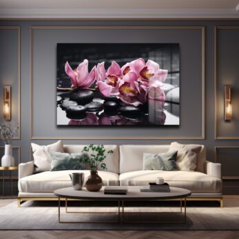 Zen Bahçesi: Pembe Orkide ve Spa Taşları Modern Cam Tablo - Glazella Zen Bahçesi: Pembe Orkide ve Spa Taşları Modern Cam Tablo - Glazella