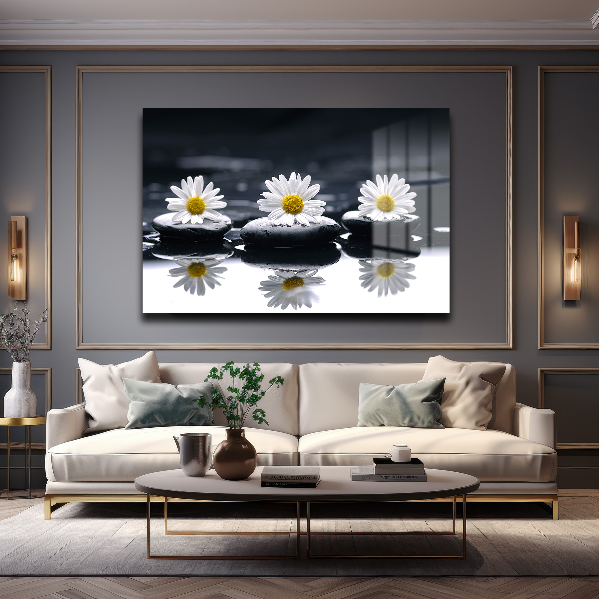 Zen Papatyalar ve Siyah Taşlar: Huzur Veren Modern Cam Tablo Duvar Dekoru Zen Papatyalar ve Siyah Taşlar: Huzur Veren Modern Cam Tablo - Görsel 4