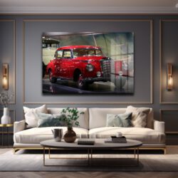 Kızıl Efsane: Vintage Mercedes Klasik Araba Cam Tablo Duvar Dekoru Kızıl Efsane: Vintage Mercedes Klasik Araba Cam Tablo Dekoratif Cam Tablo