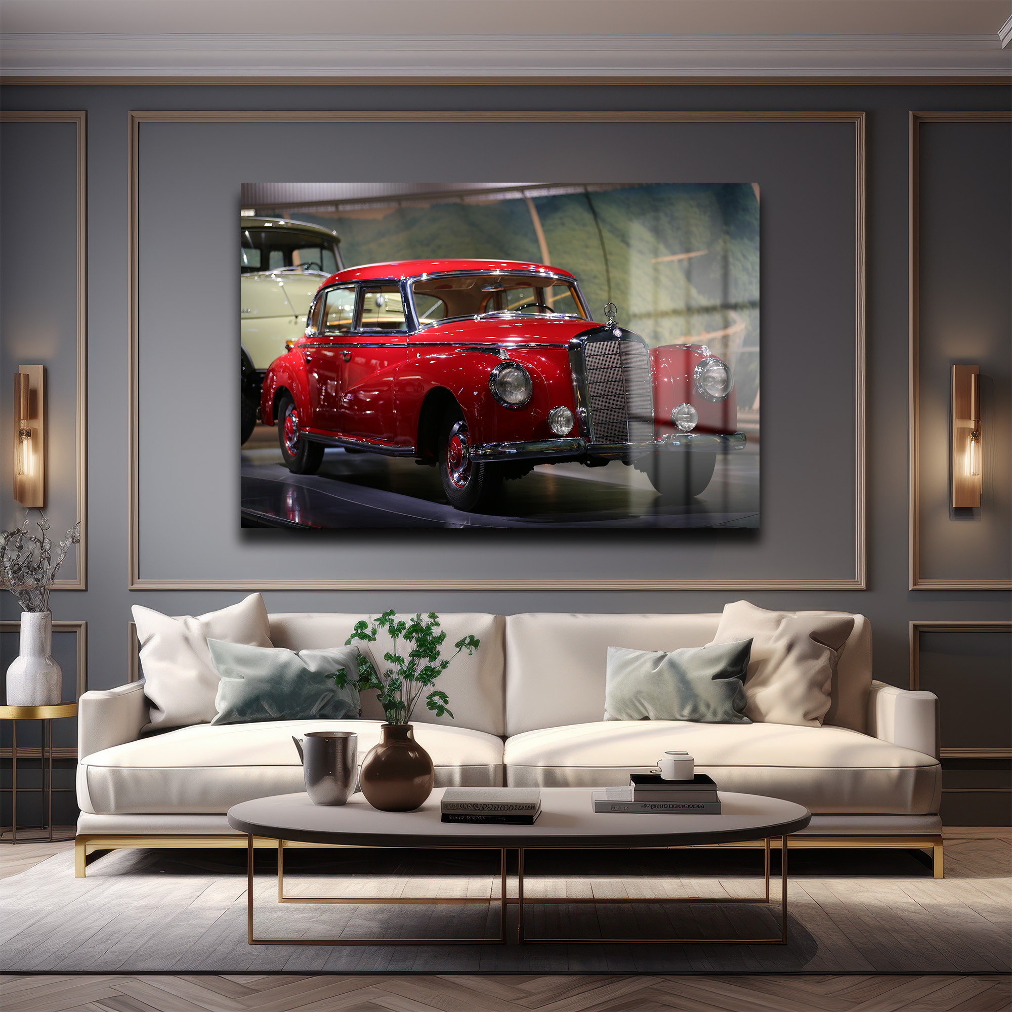 Kızıl Efsane: Vintage Mercedes Klasik Araba Cam Tablo Duvar Dekoru Kızıl Efsane: Vintage Mercedes Klasik Araba Cam Tablo - Görsel 4
