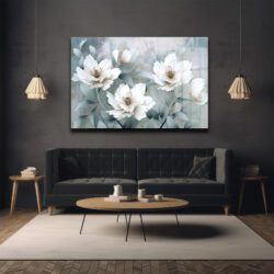 Zarafetin Dansı: Beyaz Çiçekler Desenli Modern Temperli Cam Tablo Dekoratif Cam Tablo