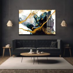 Zümrüt Akışlar ve Altın Işıltılar: Modern Soyut Temperli Cam Tablo Dekoratif Cam Tablo