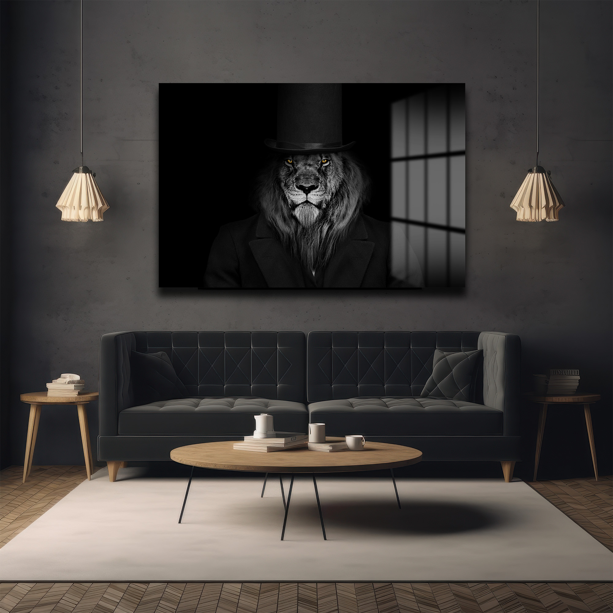 Asil Centilmen: Şapkalı Aslan Portresi Dekoratif Cam Tablo Duvar Dekoru Asil Centilmen: Şapkalı Aslan Portresi Dekoratif Cam Tablo - Görsel 5