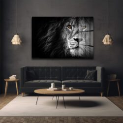 Altın Gözlü Aslan: Karizmatik Siyah Beyaz Cam Tablo Duvar Dekoru Altın Gözlü Aslan: Karizmatik Siyah Beyaz Cam Tablo Dekoratif Cam Tablo