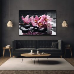 Zen Bahçesi: Pembe Orkide ve Spa Taşları Modern Cam Tablo Duvar Dekoru Zen Bahçesi: Pembe Orkide ve Spa Taşları Modern Cam Tablo Dekoratif Cam Tablo