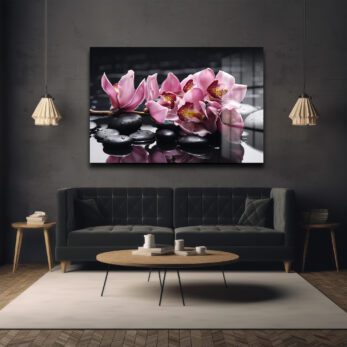 Zen Bahçesi: Pembe Orkide ve Spa Taşları Modern Cam Tablo - Glazella Zen Bahçesi: Pembe Orkide ve Spa Taşları Modern Cam Tablo - Glazella