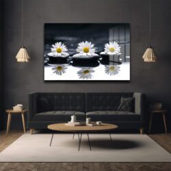 Zen Papatyalar ve Siyah Taşlar: Huzur Veren Modern Cam Tablo Duvar Dekoru Zen Papatyalar ve Siyah Taşlar: Huzur Veren Modern Cam Tablo Dekoratif Cam Tablo
