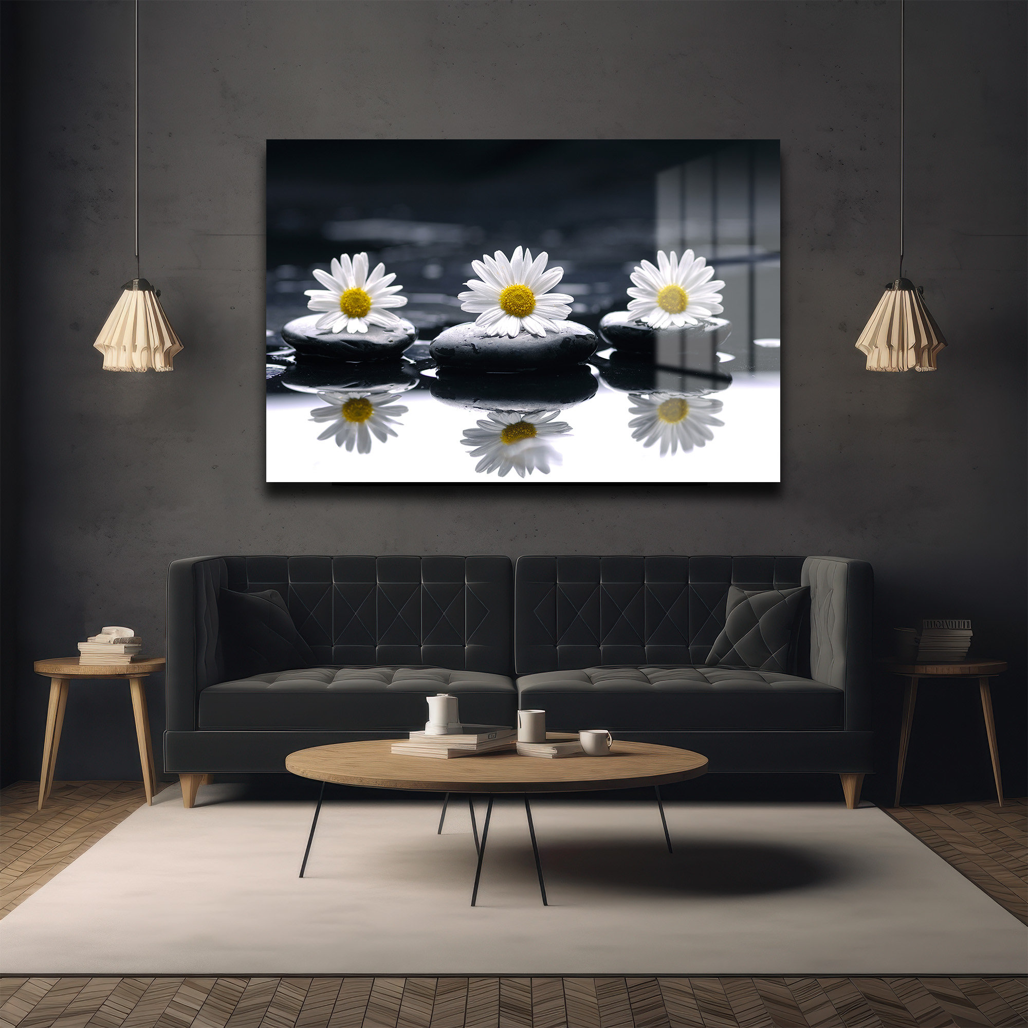 Zen Papatyalar ve Siyah Taşlar: Huzur Veren Modern Cam Tablo Duvar Dekoru Zen Papatyalar ve Siyah Taşlar: Huzur Veren Modern Cam Tablo - Görsel 5