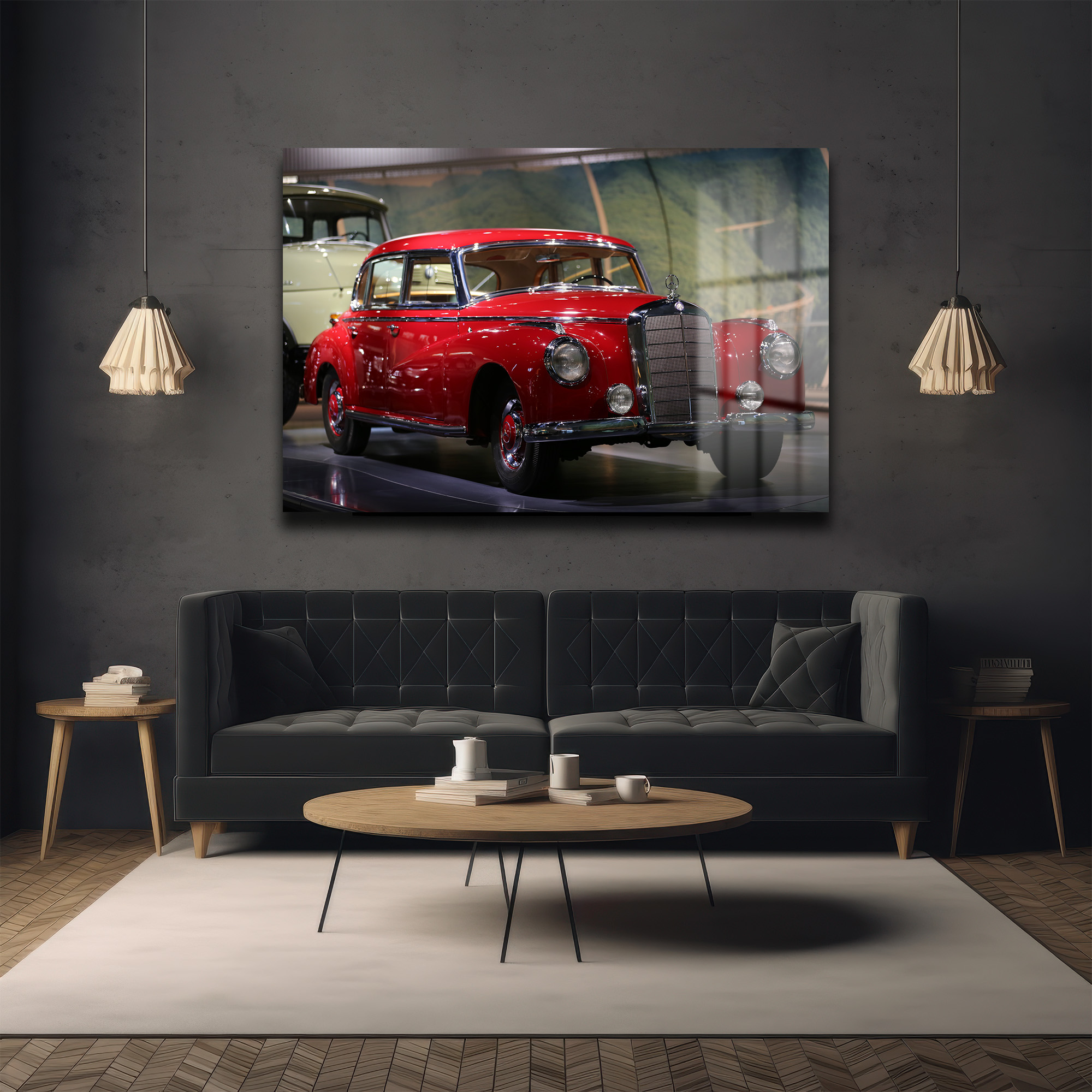 Kızıl Efsane: Vintage Mercedes Klasik Araba Cam Tablo Duvar Dekoru Kızıl Efsane: Vintage Mercedes Klasik Araba Cam Tablo - Görsel 5