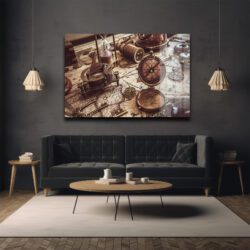 Antik Keşif: Vintage Pusula ve Harita Temalı Dekoratif Cam Tablo Dekoratif Cam Tablo