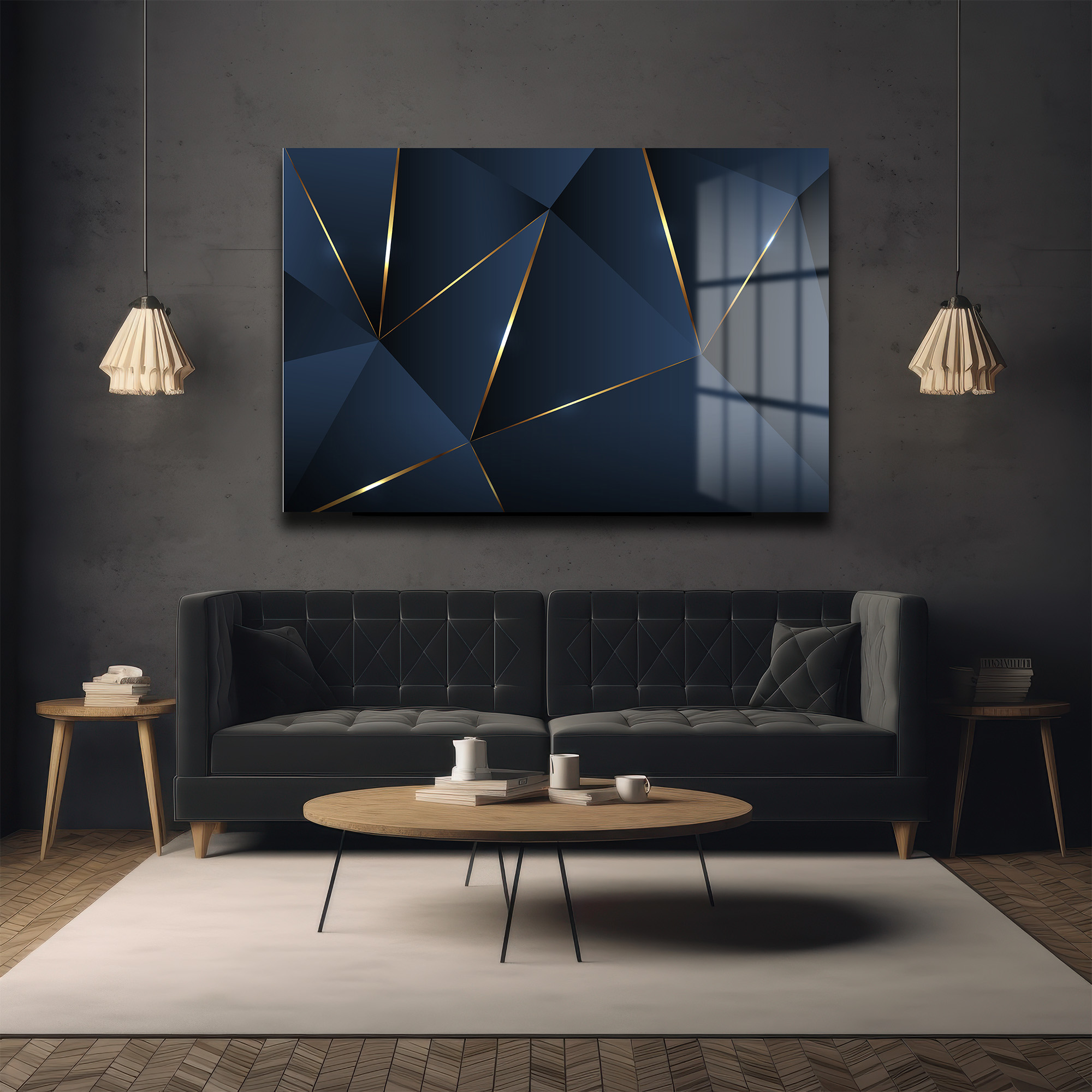 Geometrik Altın Dokunuşlar: Lacivert Modern Cam Tablo - Glazella Geometrik Altın Dokunuşlar: Lacivert Modern Cam Tablo - Glazella