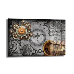 Steampunk Zaman Çarkları: Endüstriyel Cam Tablo, karmaşık dişli mekanizmaları, antik pusula ve ejderha figürleriyle süslenmiş, 4mm temperli cam üzerine UV baskı ile üretilmiş dekoratif bir duvar sanatı.