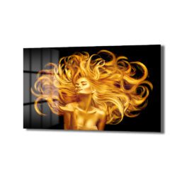 Altın Işıltısı: Glamour Altın Saçlı Kadın Modern Cam Tablo Dekoratif Cam Tablo