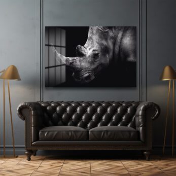Heybetli Gergedan: Siyah Beyaz Modern Cam Tablo - Glazella Heybetli Gergedan: Siyah Beyaz Modern Cam Tablo - Glazella
