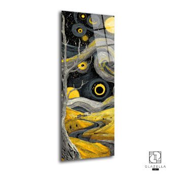 Van Gogh Manzara Panoramik Cam Tablo, temperli cam üzerine HD UV baskı ile yapılmış, modern ve canlı renklerde bir manzara tablosu.