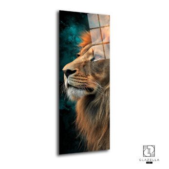 Aslan Panoramik Cam Tablo, yüksek çözünürlüklü UV baskılı ve temperli camdan yapılmış modern bir duvar dekoru.