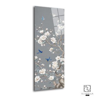 Çiçek Panoramik Cam Tablo, modern ev dekorasyonu için yüksek kaliteli temperli cam üzerine HD UV baskı ile üretilmiş, canlı renklerde çiçek desenli duvar sanatı.