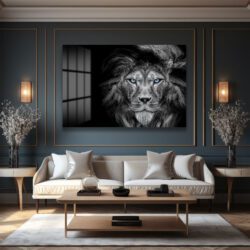 Mavi Gözlü Aslan Cam Tablo: Gücün ve Asaletin Modern Yansıması Duvar Dekoru Mavi Gözlü Aslan Cam Tablo: Gücün ve Asaletin Modern Yansıması Dekoratif Cam Tablo