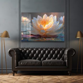 Altın Işıltılı Lotus: Huzur Veren Modern Cam Tablo - Glazella