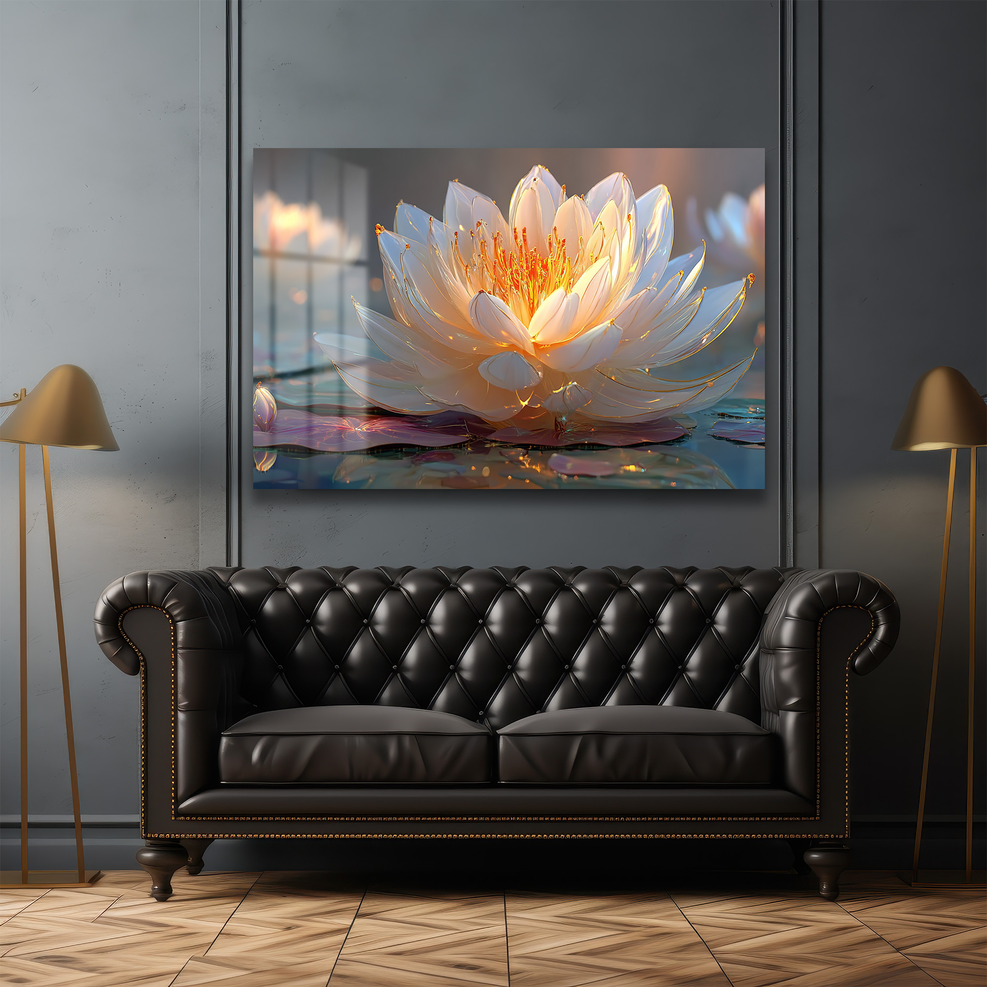 Altın Işıltılı Lotus: Huzur Veren Modern Cam Tablo Duvar Dekoru Altın Işıltılı Lotus: Huzur Veren Modern Cam Tablo - Görsel 3