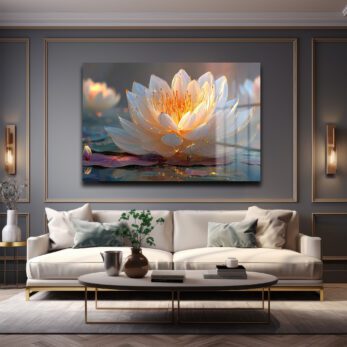 Altın Işıltılı Lotus: Huzur Veren Modern Cam Tablo - Glazella