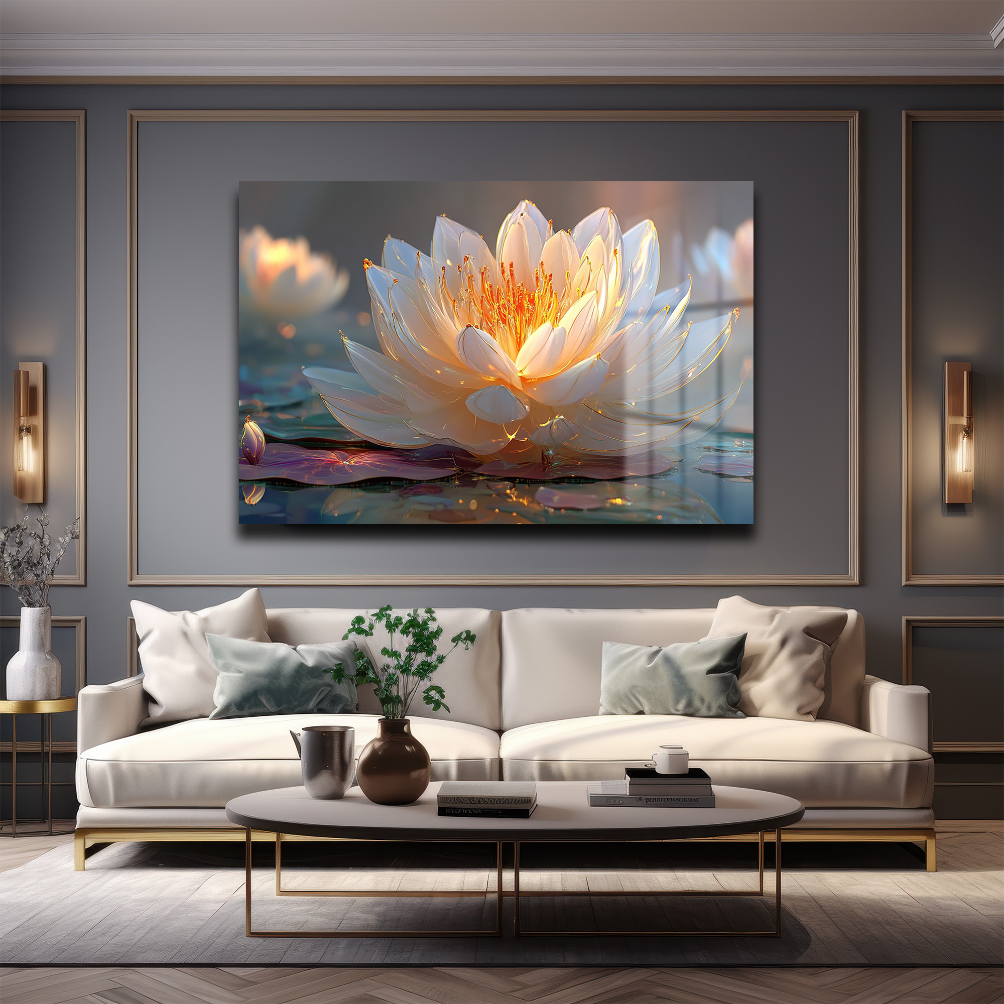 Altın Işıltılı Lotus: Huzur Veren Modern Cam Tablo Duvar Dekoru Altın Işıltılı Lotus: Huzur Veren Modern Cam Tablo - Görsel 4