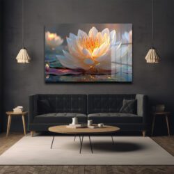 Altın Işıltılı Lotus: Huzur Veren Modern Cam Tablo Duvar Dekoru Altın Işıltılı Lotus: Huzur Veren Modern Cam Tablo Dekoratif Cam Tablo