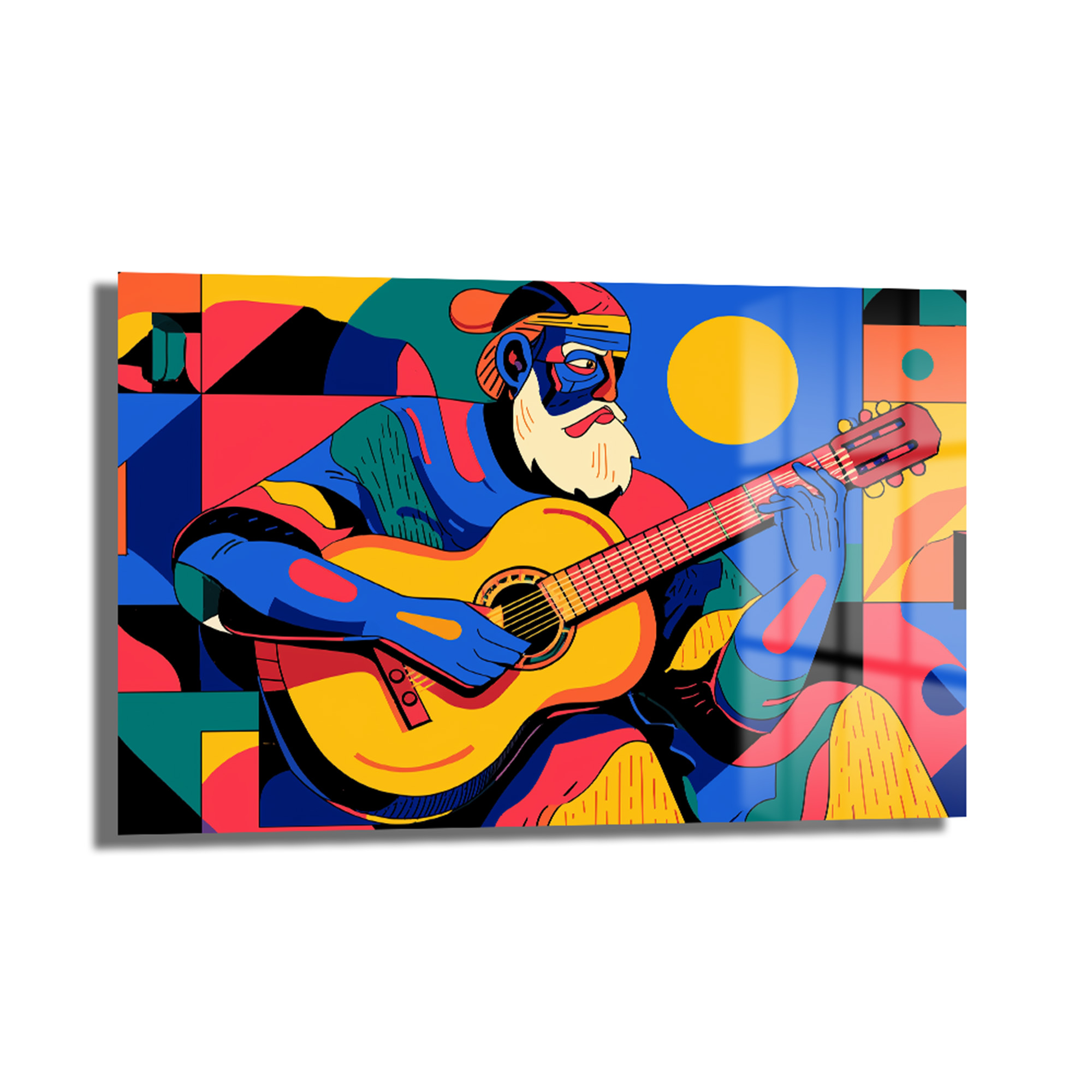 Ritmik Melodiler: Modern Sanat Tarzı Renkli Gitarist Cam Tablo Duvar Dekoru Ritmik Melodiler: Modern Sanat Tarzı Renkli Gitarist Cam Tablo, dinamik renklerle gitar çalan bir müzisyeni soyut ve modern bir tarzda gösteriyor.