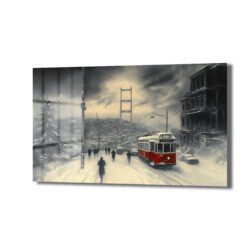 Kış İstanbul'u Rüyası: Kızıl Tramvay ve Boğaz Köprüsü Cam Tablo Duvar Dekoru Kış İstanbul'u Rüyası: Kızıl Tramvay ve Boğaz Köprüsü Cam Tablo Dekoratif Cam Tablo