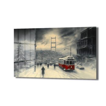 Kış İstanbul'u Rüyası: Kızıl Tramvay ve Boğaz Köprüsü Cam Tablo - Glazella Kış İstanbul'u Rüyası: Kızıl Tramvay ve Boğaz Köprüsü Cam Tablo - Glazella