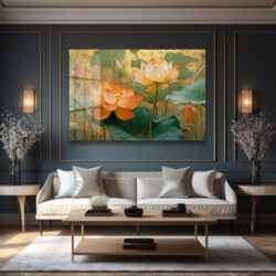 Altın Işıltılı Lotus Bahçesi: Estetik Temperli Cam Tablo Duvar Dekoru Altın Işıltılı Lotus Bahçesi: Estetik Temperli Cam Tablo Dekoratif Cam Tablo