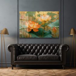 Altın Işıltılı Lotus Bahçesi: Estetik Temperli Cam Tablo Duvar Dekoru Altın Işıltılı Lotus Bahçesi: Estetik Temperli Cam Tablo Dekoratif Cam Tablo