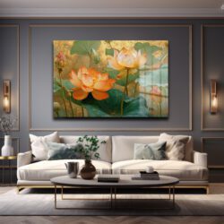 Altın Işıltılı Lotus Bahçesi: Estetik Temperli Cam Tablo Duvar Dekoru Altın Işıltılı Lotus Bahçesi: Estetik Temperli Cam Tablo Dekoratif Cam Tablo