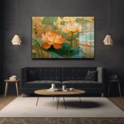 Altın Işıltılı Lotus Bahçesi: Estetik Temperli Cam Tablo Duvar Dekoru Altın Işıltılı Lotus Bahçesi: Estetik Temperli Cam Tablo Dekoratif Cam Tablo