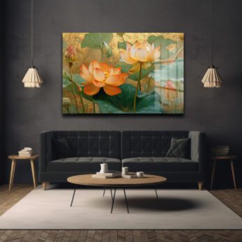 Altın Işıltılı Lotus Bahçesi: Estetik Temperli Cam Tablo - Glazella