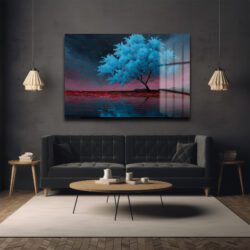 Gizemli Mavi Ağaç ve Kırmızı Yapraklar: Modern Temperli Cam Tablo Duvar Dekoru Gizemli Mavi Ağaç ve Kırmızı Yapraklar: Modern Temperli Cam Tablo Dekoratif Cam Tablo