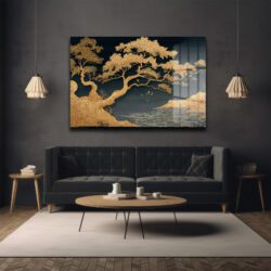 Altın Ağaç Cam Tablo Duvar Dekoru Altın Ağaç Cam Tablo Dekoratif Cam Tablo