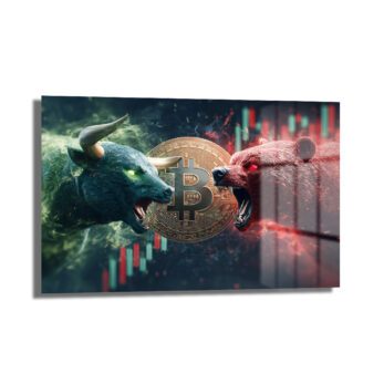 Kripto Arenası: Boğa ve Ayı Düellosu Bitcoin Temalı Temperli Cam Tablo, yeşil boğa ve kırmızı ayı figürlerinin Bitcoin sembolü etrafındaki mücadelesini gösteren modern ve dayanıklı bir duvar sanatı.