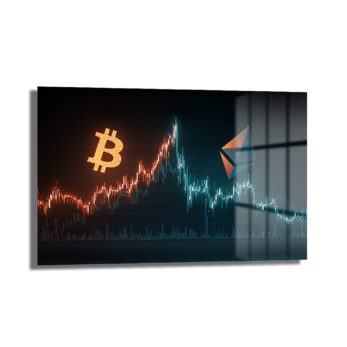 Kripto Piyasasının Ritmi: Bitcoin ve Ethereum Temalı Modern Cam Tablo, dijital ekonomiyi yansıtan, turuncu Bitcoin ve mavi Ethereum grafiklerine sahip dekoratif temperli cam duvar sanatı.
