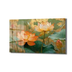 Altın Işıltılı Lotus Bahçesi: Estetik Temperli Cam Tablo Duvar Dekoru Altın Işıltılı Lotus Bahçesi: Estetik Temperli Cam Tablo Dekoratif Cam Tablo