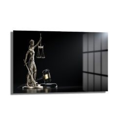 Adaletin Sembolü: Themis Heykeli ve Yargıç Tokmağı Modern Cam Tablo Duvar Dekoru Karanlık zeminde parlak gümüş rengi Themis heykeli ve altın detaylı tokmak figürünü içeren temperli cam tablo, ofis ve hukuk bürosu dekorasyonu için ideal. - Detay Görünüm 1