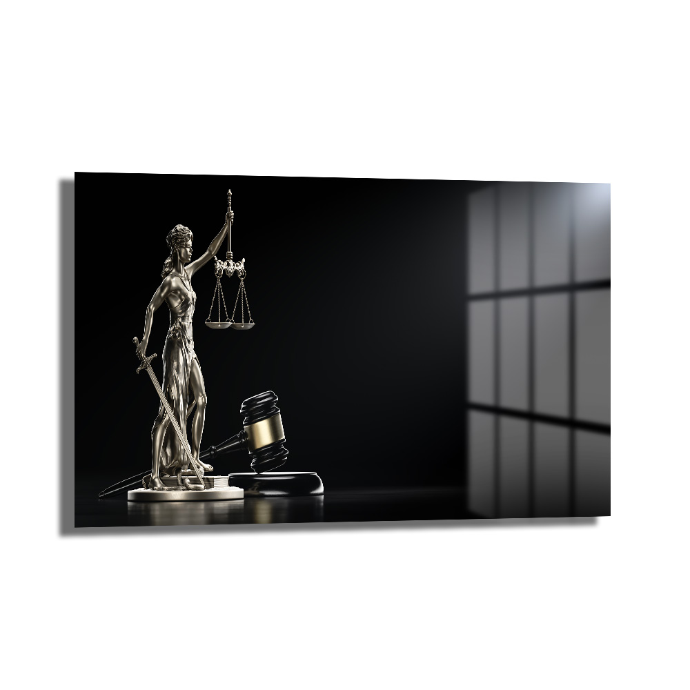 Adaletin Sembolü: Themis Heykeli ve Yargıç Tokmağı Modern Cam Tablo Duvar Dekoru Karanlık zeminde parlak gümüş rengi Themis heykeli ve altın detaylı tokmak figürünü içeren temperli cam tablo, ofis ve hukuk bürosu dekorasyonu için ideal. - Detay Görünüm 1