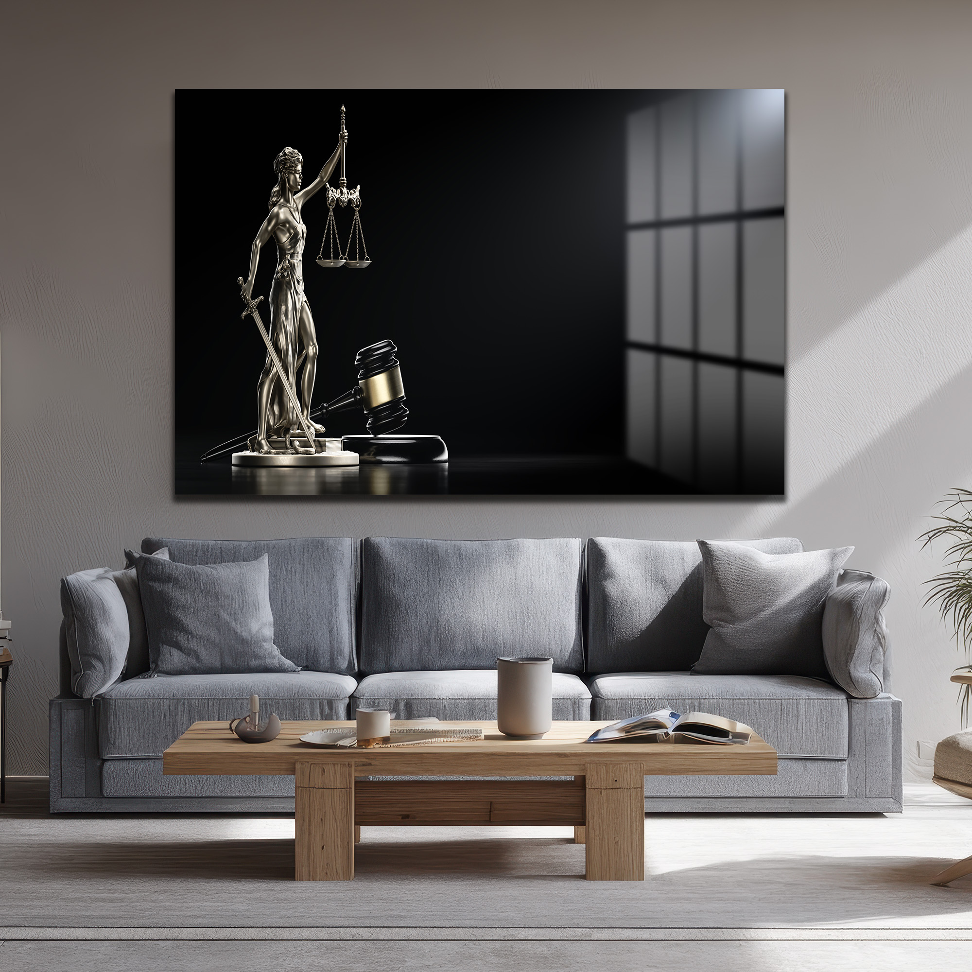 Adaletin Sembolü: Themis Heykeli ve Yargıç Tokmağı Modern Cam Tablo Duvar Dekoru Karanlık zeminde parlak gümüş rengi Themis heykeli ve altın detaylı tokmak figürünü içeren temperli cam tablo, ofis ve hukuk bürosu dekorasyonu için ideal. - Detay Görünüm 4