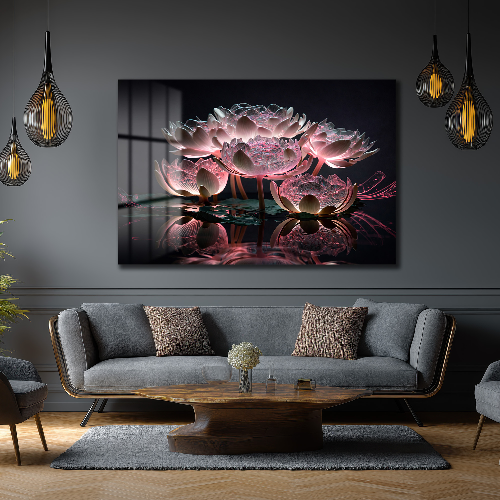 Büyülü Lotus Işıltısı: Pembe Tonlarda Modern Cam Tablo - Glazella Büyülü Lotus Işıltısı: Pembe Tonlarda Modern Cam Tablo - Glazella
