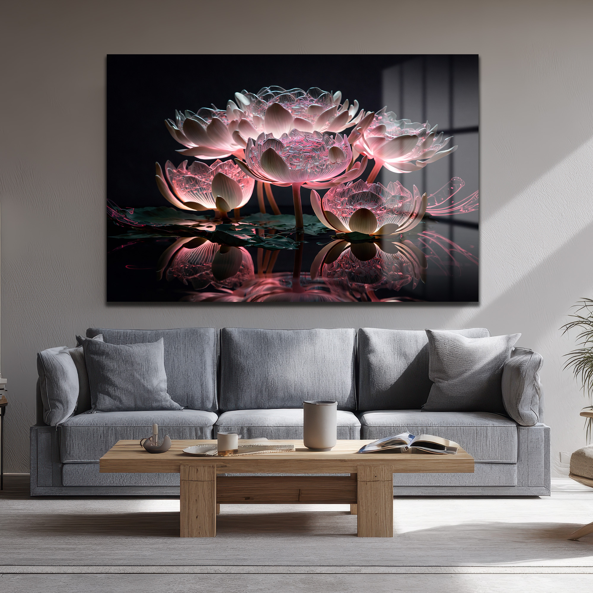 Büyülü Lotus Işıltısı: Pembe Tonlarda Modern Cam Tablo - Glazella Büyülü Lotus Işıltısı: Pembe Tonlarda Modern Cam Tablo - Glazella