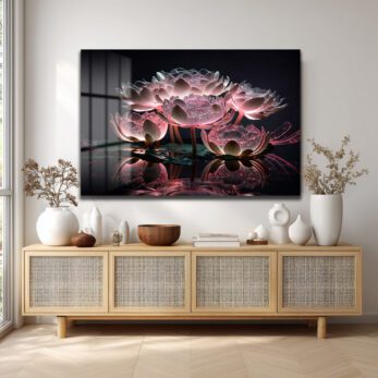 Büyülü Lotus Işıltısı: Pembe Tonlarda Modern Cam Tablo - Glazella Büyülü Lotus Işıltısı: Pembe Tonlarda Modern Cam Tablo - Glazella