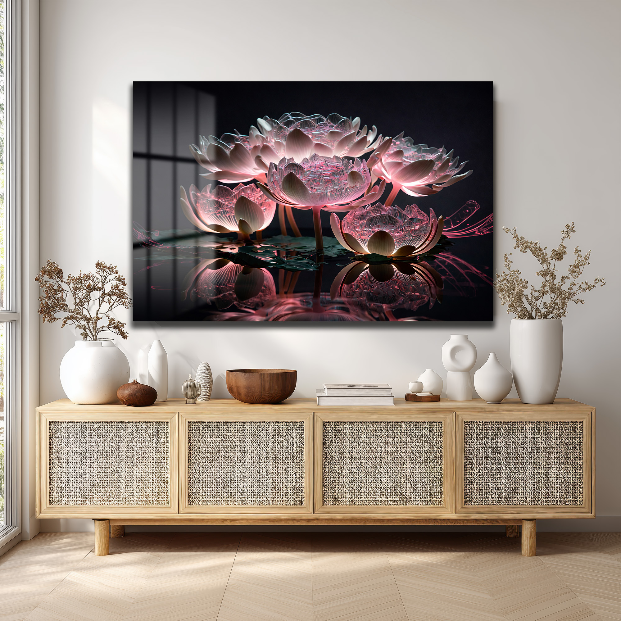 Büyülü Lotus Işıltısı: Pembe Tonlarda Modern Cam Tablo - Glazella Büyülü Lotus Işıltısı: Pembe Tonlarda Modern Cam Tablo - Glazella