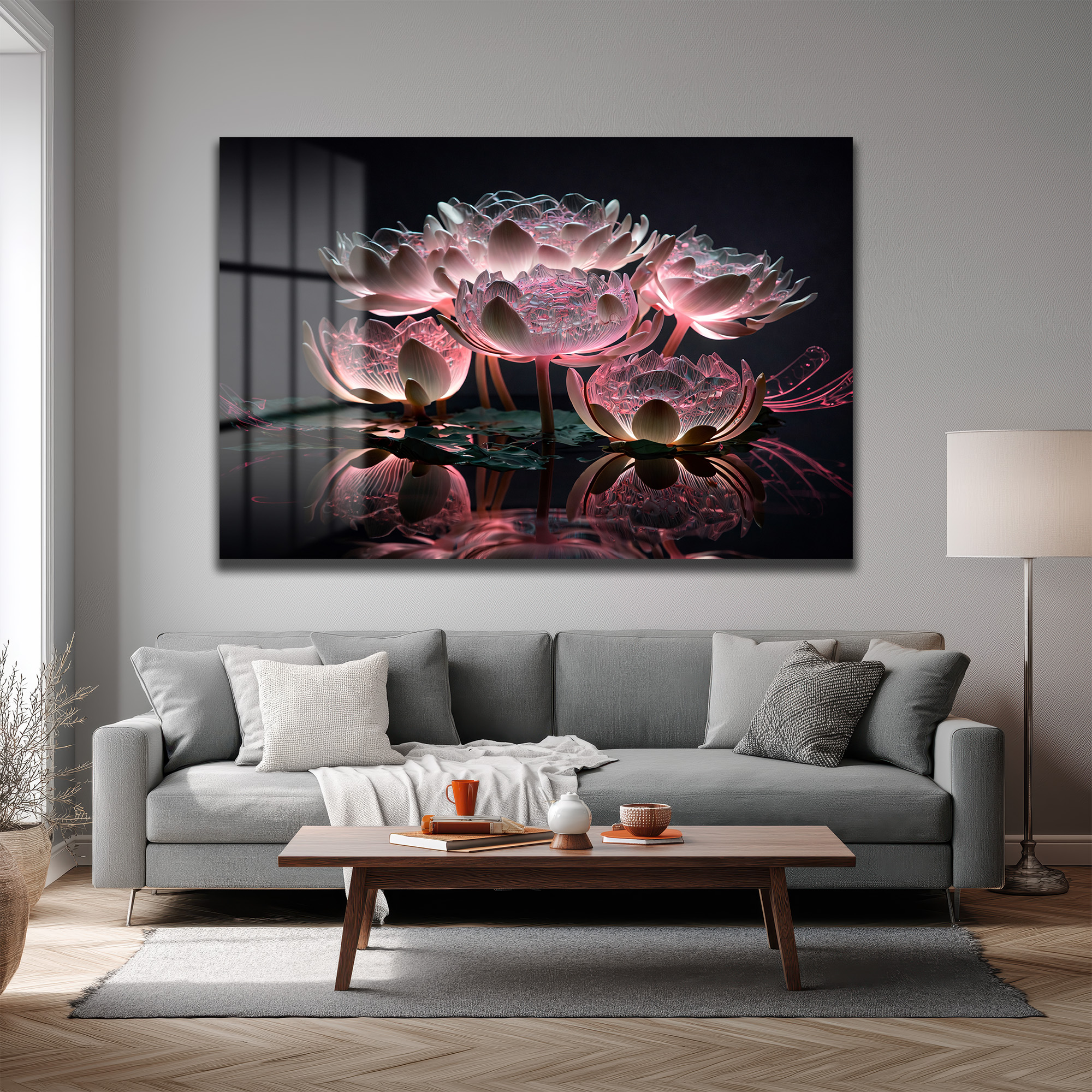 Büyülü Lotus Işıltısı: Pembe Tonlarda Modern Cam Tablo - Glazella Büyülü Lotus Işıltısı: Pembe Tonlarda Modern Cam Tablo - Glazella