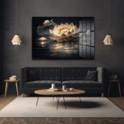 Su Üzerinde Zarafet: Beyaz Lotus Çiçeği Temperli Cam Tablo